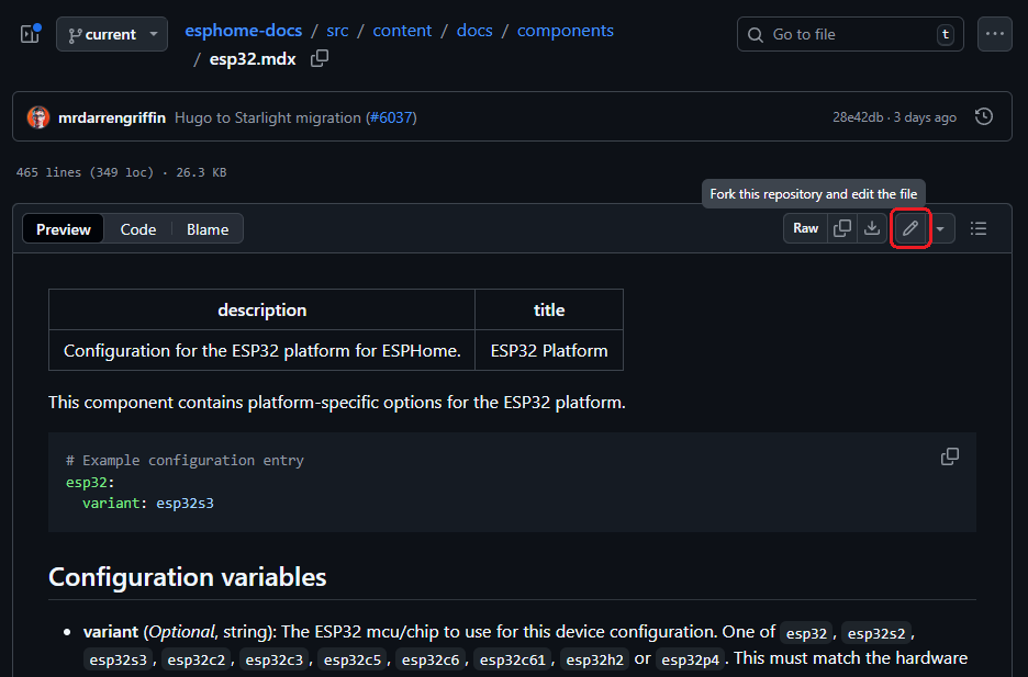 An MDX file opened in GitHub, with the edit button circled