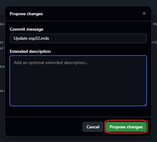 The propose changes dialog in GitHub, with the "Propose changes" button circled