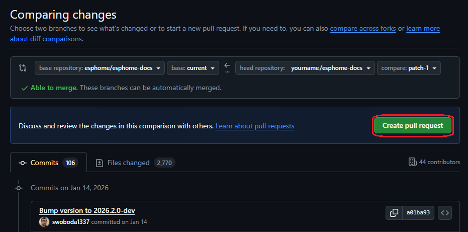The comparing changes screen in GitHub with the "Create pull request" button circled