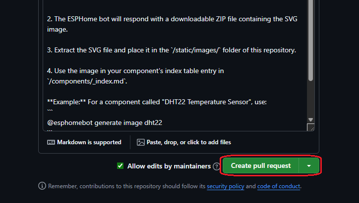 The pull request creation screen in GitHub with the "Create pull request" button circled