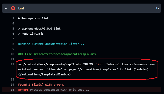 Log messages showing the reason for the failed lint